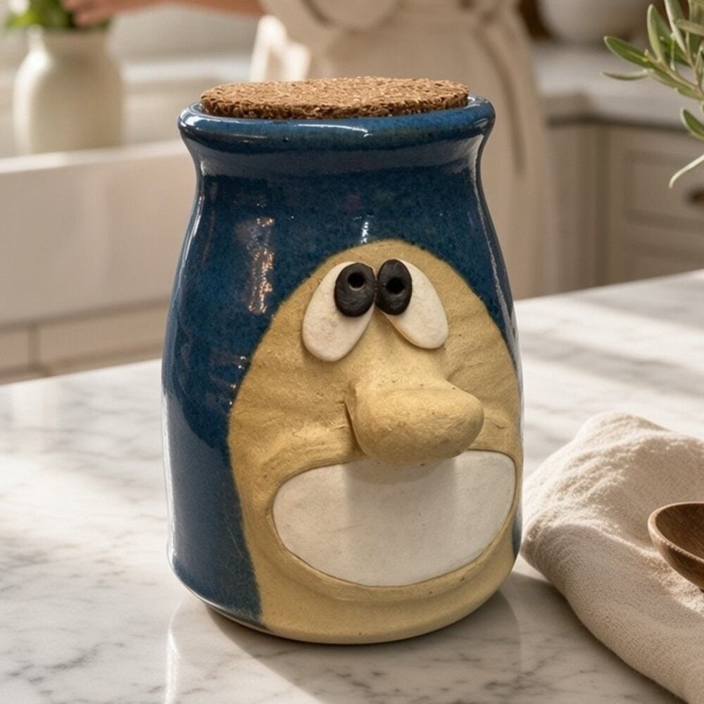 Vintage Stoneware Face Jug Jar Cork Lid Folk Art Character Pottery